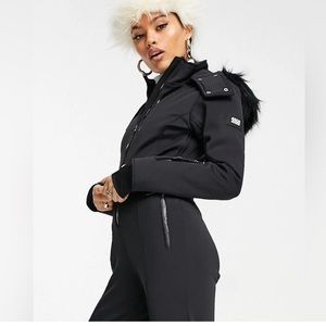 ASOS 4505 Petite ski fitted belted ski suit with fur faux hood NWT